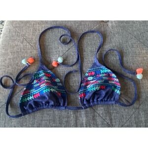 Aerie Bikini Top Blue With Stitching And Pom-Poms Details Sz Small.